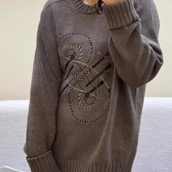 IM0280 Hermes Hermes dark brown horse whip embroidered design cashmere round nec - Picture 8 of 8